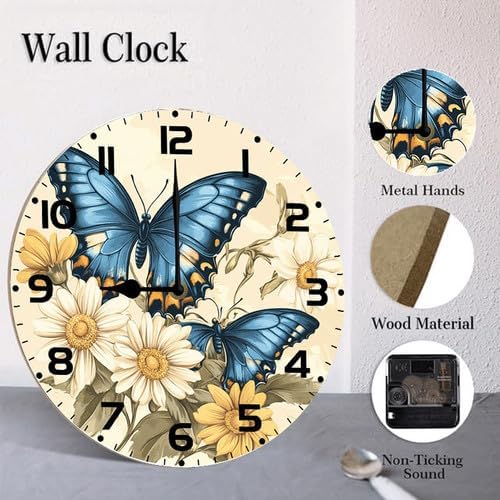 Butterflies Wildflower Wooden Silent Non-Ticking 10 Inch Round Clocks Battery Operated Analog for Living Room Kitchen Bedroom Bathroom Office Home School Decor
