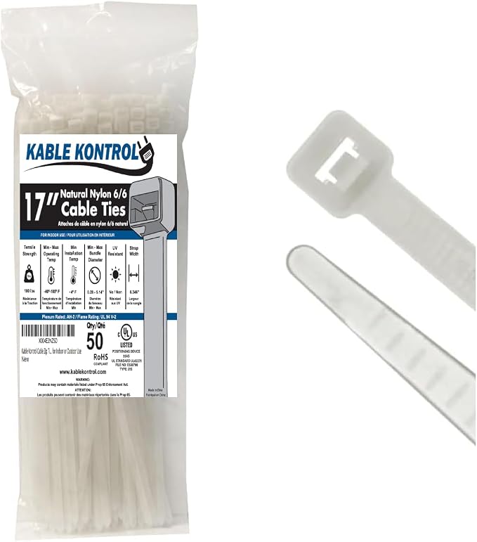 Kable Kontrol Cable Zip Ties Natural White 50Pcs 17 Inch, 175 Lbs Tensile Strength, Self-locking Natural Nylon Clear Plastic Wire Ties wraps for Indoor or Outdoor Use