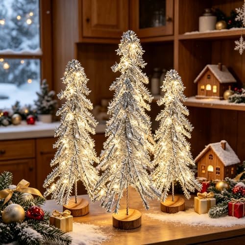 3 Pcs Mini Christmas Tree with Lights, Artificial Bottle Brush Trees with Wooden Bases Christmas Table Decor Small Trees with LED Light String for Decorations，Silver - Image 2