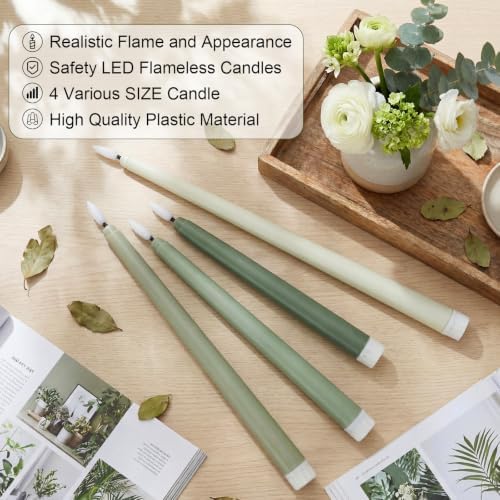 Rossesay 24 Pcs Flameless LED Taper Candles Battery Operated Candle 8.5", 9.65", 10.8", 12.8" Flameless Candlesticks Flickering for Christmas Church Wedding Indoor Decoration(Classic, Green Series) - Image 4