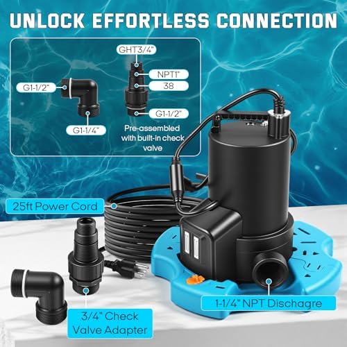1/3HP Automatic Pool Cover Pump, 3035GPH Submersible Sump Pump | Auto On/Off, Detachable Base, w/Filter Net, 25ft Power Cord, Check Valve, for Swimming Pool, Hot Tubs, Rooftops, Water Beds