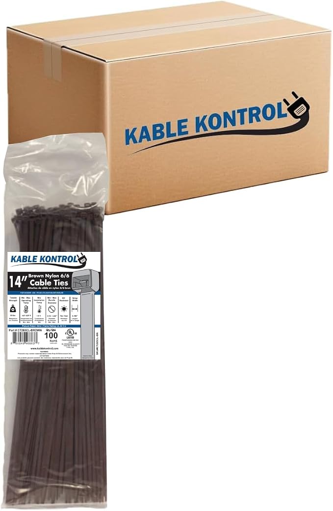 Kable Kontrol Brown Zip Ties 14 Inch 6,000 Pcs, 50 Lbs Tensile Strength, Bulk Pack, Self-locking Nylon Colored Cable Ties Wire Wraps for Indoor or Outdoor Use