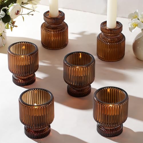 DARJEN 6 Pcs Amber Candlestick Holders - Glass Taper Candle Holders Tealight Votive Candle Holders for Table Centerpieces, Wedding, Dinner Party, Home, Gifts by DARJEN