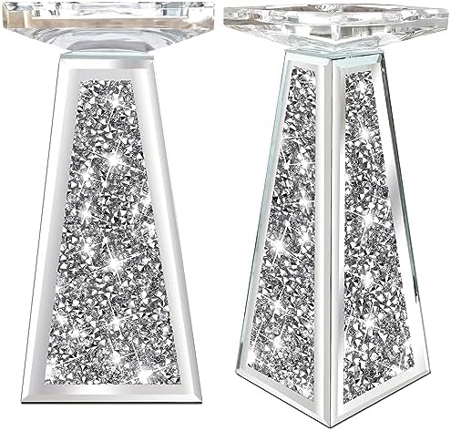Wocred 2 Piece Candlestick Holders for Holding Pillar Candles, Crystal Crushed Diamond Candle Holders Set Decor for Dinning Room, Silver Glass Votive Candle Holders for Table Centerpiece(8”) - Image 5