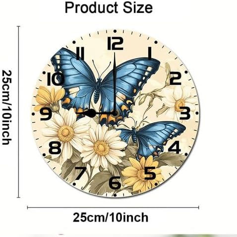 Butterflies Wildflower Wooden Silent Non-Ticking 10 Inch Round Clocks Battery Operated Analog for Living Room Kitchen Bedroom Bathroom Office Home School Decor