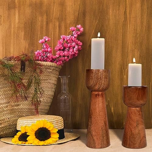 Perilla Home Wooden Pillar Candle Holders Set of 2 - Home Decor Candle Holder Centerpiece - for, Taper Candles, Dining Table Candle Holder Halloween, Home Decor, Candlesticks - Rustic Brown - Image 4