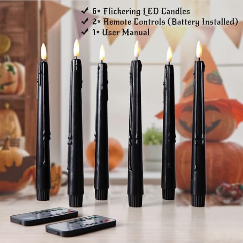 Stmarry Black Flameless Taper Candles with Remote and Timer - 9.65 Inch Real Wax LED Candlesticks - Wax Drip Battery Operated Halloween Taper Candles with 3D Flickering Flame Halloween Decor, 6 Pack - Image 3