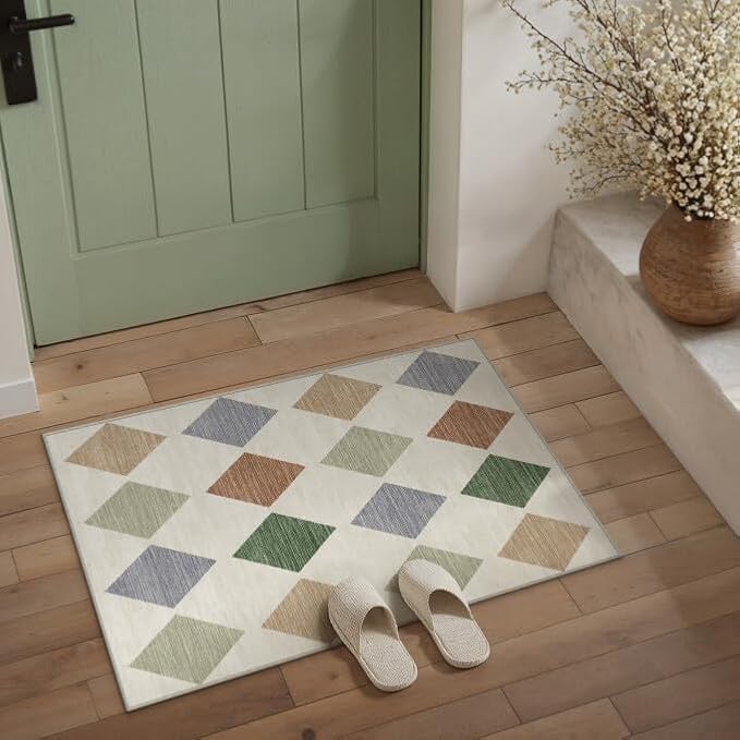 2x3 Washable Area Rug Entryway Colorful Non Slip Checkered Doormat | Soft, Low Pile, Easy Clean, Diamond Pattern for Kitchen, Hallway, Bathroom, Laundry Room, Modern Neutral Decor