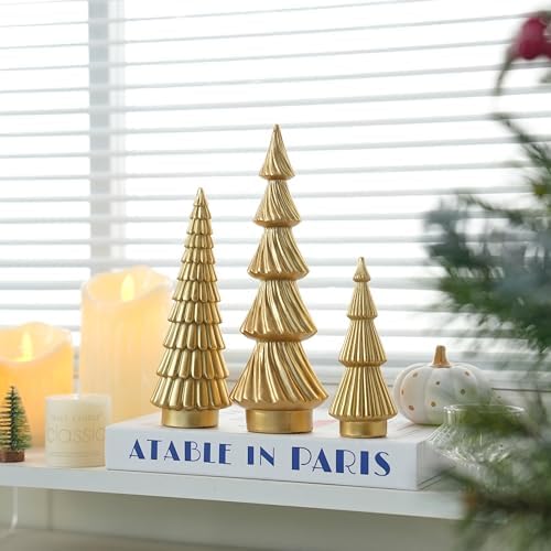 Gold Christmas Tree Decor, Small Resin Christmas Tree Figurines - Image 4