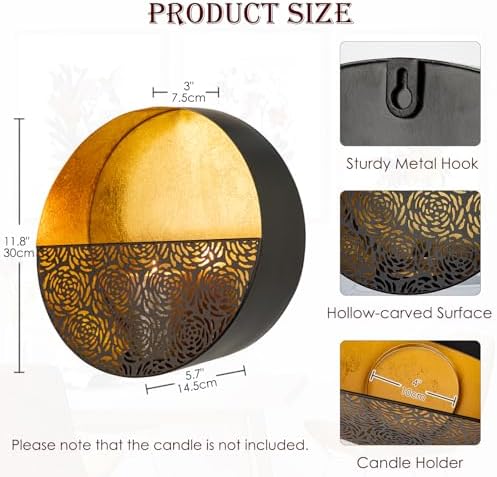 Luxury Metal Wall Candle Sconces – Large Handcrafted Wall-Mounted Tealight Candle Holders with Gold Leaf Interior – Modern & Rustic Home Décor for Living Room, Hallway – 11.8" Black Single Piece - Image 2