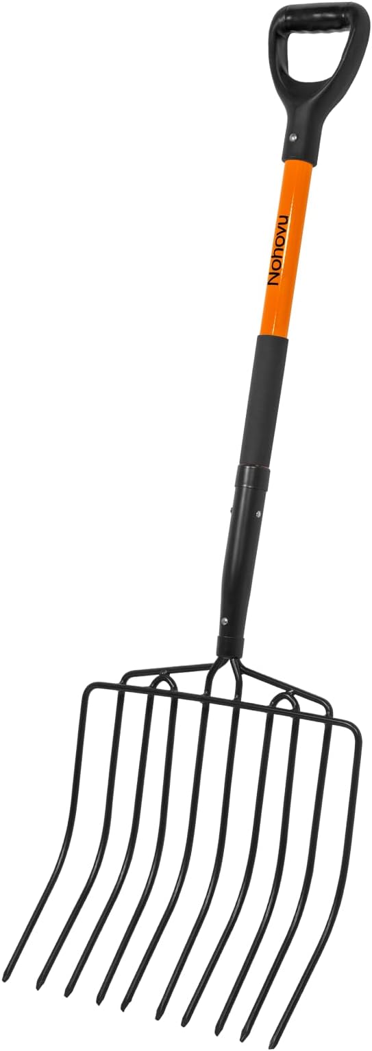 Nohovu Pitchfork for Gardening, 10 Tines Pitch Fork with Non-Slip Handle, Heavy Duty Pitch Fork for Mulching, 45 Inches