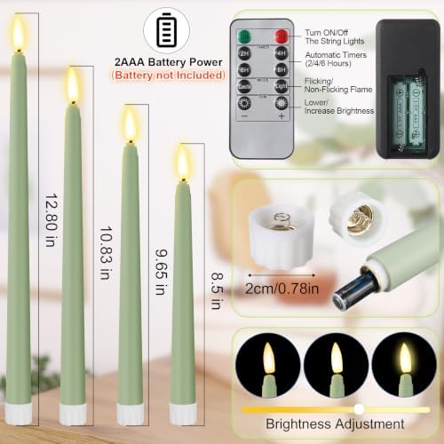 Rossesay 16 Pcs Sage Green Flameless Taper Candle with Remote Timer - Image 2
