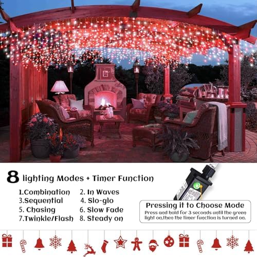 33ft Icicle Lights for Outside, Red and White Christmas Lights Outdoor Indoor, 400 LED Twinkle String Light with 75 Drops Short Curtain Light for Thanksgiving Room Home Wall Bedroom Window Decoration - Image 2