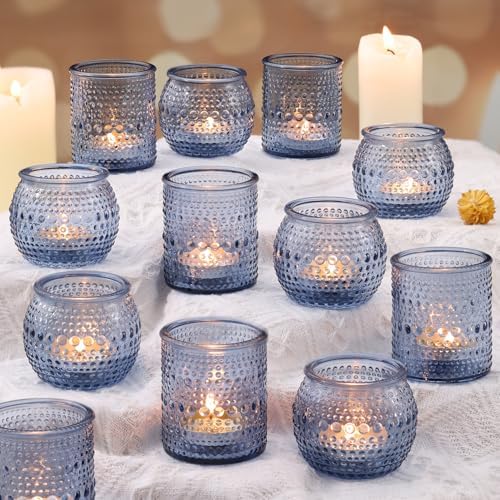 16 Pcs Blue Votive Candle Holders for Bridal Shower Decorations- Assorted Tea Light Candle Holders for Dusty Blue Wedding Decor, Baby Shower Table Centerpieces by LAMORGIFT