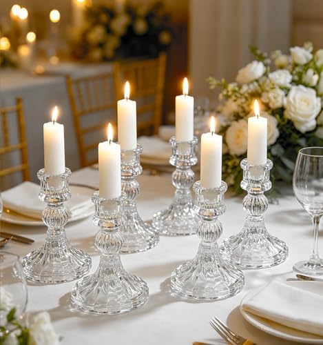 6 Pack Glass Taper Candlestick Holders, Clear Candlestick Holders, 4" H Stripe Crystal Candle Holders Decorative Candle Stand Centerpiece for Wedding, Festival, Dinning Party Table Decor by AUMAYCO