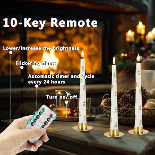 Sunflower Taper Candles Battery Operated, 9.6" Real Wax Flameless Candles - Image 3