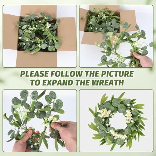 8 Pcs Green Artificial Eucalyptus Candle Rings Wreaths Mini Green Kitchen Cabinet Wreath Table Centerpieces Spring Summer with White Berry for Pillars Farmhouse Porch Front Door Wedding Decor - Image 4