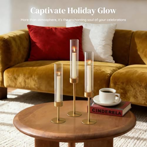 Glasseam Gold Hurricane Taper Candle Holders, 3 Pcs Candlestick with Glass - Image 2