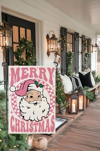 Merry Christmas Garden Flags 12x18 inch Double Sided, Seasonal Xmas Pink Santa Claus Decorations, Small Winter Decor for Yard Outside Outdoor - Image 2