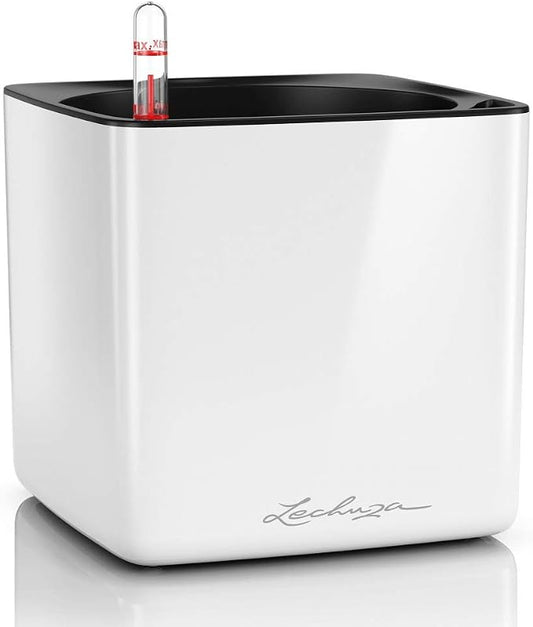 Lechuza Cube Glossy 16 Cream White High Gloss, Self-Watering Indoor Small Plant Pot, H6.3 L6.7 W6.7 in