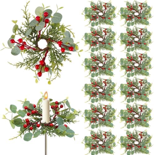 12 PCS Christmas Pine Taper Candle Rings Wreaths 1.38" Mini Norfolk Cedar Taper Candle Holder Wreaths Candle Rings with Berry for Xmas Winter Holiday Church Home Table Centerpiece Candlesticks Decor by Unknown