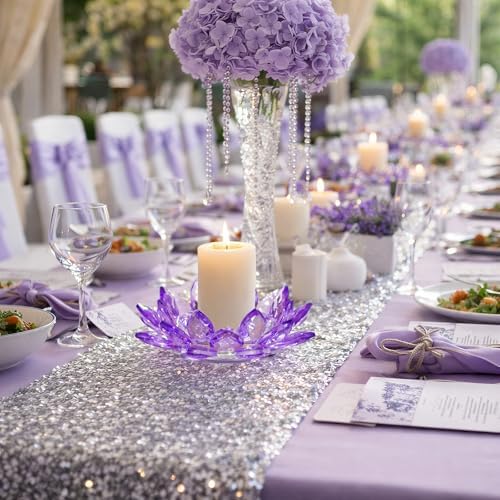 Large Crystal Lotus Tealight Candle Holder for Up to 6" Diameter Pillar Candle Plate Candlestick,Chunky Glass Votive Stand for Wedding, Party, Table Centerpiece Decor and Yoga Meditation (2, Purple) - Image 4
