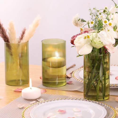Glass Cylinder Bud vases for Centerpieces, 6 Inches Clear Ribbed Glass Vases Bulk for Wedding Table Decor, Loral Vase Bulk Flower vases, Tall Hurricane Candle Holder for Table Shelf, Party (Green) - Image 4