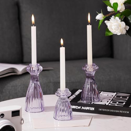 Lysenn Glass Candlestick Holders, Taper Candle Holders Set of 3, Purple by Lysenn