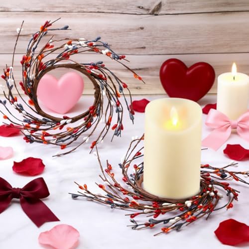 Daifunli 2 Pcs Valentine's Day Primitive Berry Candle Ring 3.9 Inch Rustic Farmhouse Red Berries Candle Ring Wreath for Pillar Candles Holder for Valentine Spring Table Centerpiece Decor - Image 3