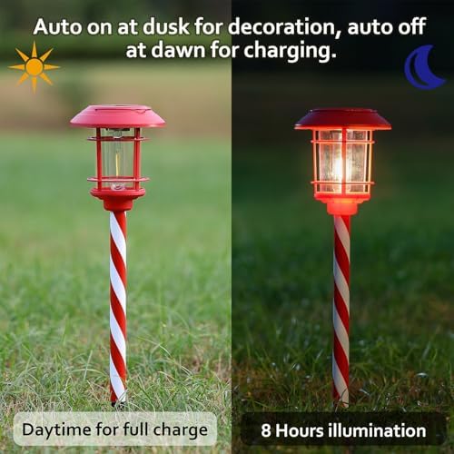 6 Pack Dual Use Solar Christmas Path Lights Outdoor, Hanging Lantern Solar Garden Light with Edison Bulb, Xmas Pathway Markers, Auto On/Off Candy Cane Lights for Patio Yard Walkway Driveway - Image 5