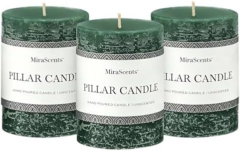 3x4 Inch Dark Green Pillar Candles Set of 3 - Hand-Poured Unscented Candles, Long Clean Burning, Dusty Sage Candle, Smokeless Dripless Candle for Dinner Table, Wedding, Home, Rustic Decor by MiraScents