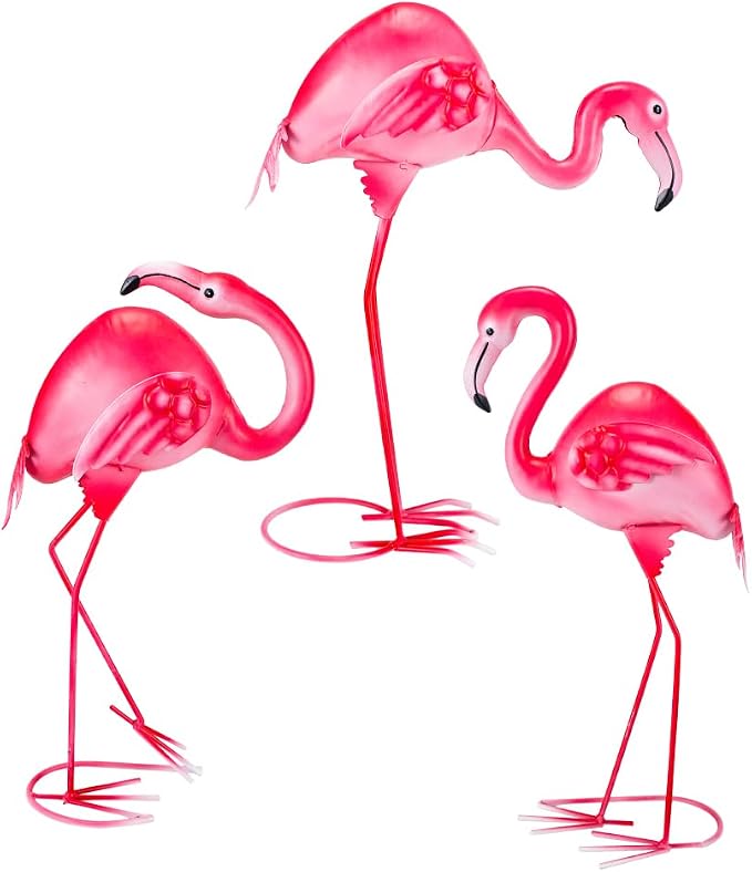 3Pcs Pink Flamingo Yard Decor 15" Metal Yard Art Outdoor Sculptures | Garden Statues for Outside Lawn Ornament Home Patio Backyard Décor Porch Pool Deck Decorations Set Of 3 Tropical Present