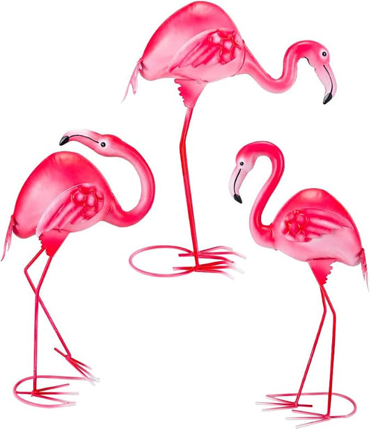3Pcs Pink Flamingo Yard Decor 15" Metal Yard Art Outdoor Sculptures | Garden Statues for Outside Lawn Ornament Home Patio Backyard Décor Porch Pool Deck Decorations Set Of 3 Tropical Present