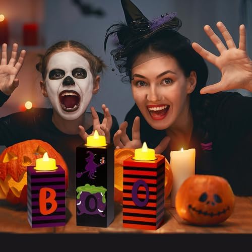 BlcTec Halloween Decorations, 3 PCS Halloween Wood Candle Holders with LED Tea Lights & 3D Carving Craft, Boo Wood Candle Centerpieces for Home, Table, Office, Tiered Tray, Shelf Décor, Witch Color - Image 5