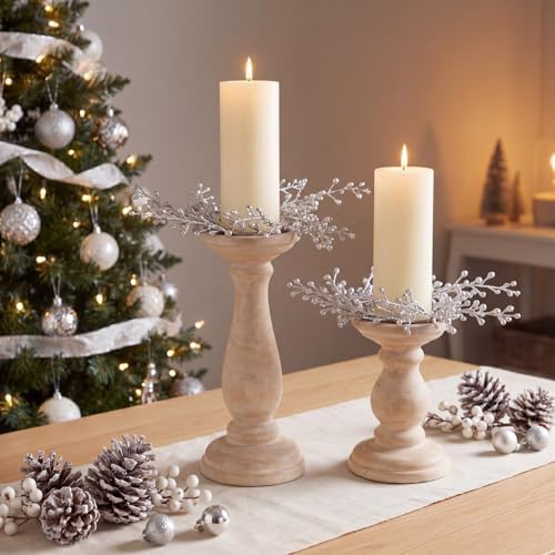 Daifunli 2 Pcs Christmas Candle Rings Silver Berry Wreaths for Pillar 2.25 Inch Silver Berry Candles Holder for Winter Christmas Xmas Wedding Home Rustic Table Centerpiece Decor by Huiinen