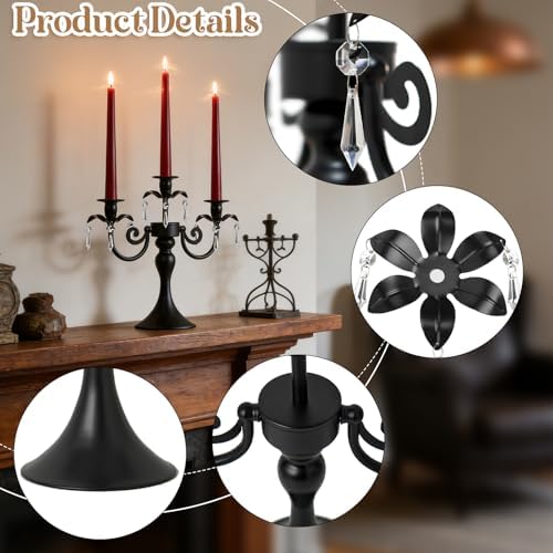 Metal 3 Arm Candelabra with Crystal Pendants - 11.8 Inch Tall Candle Holders, Set of 2 - Elegant Taper Candlestick Stand for Wedding, Dining Table, Christmas Party Home Decoration (2, Black) - Image 3