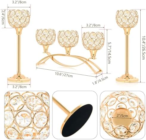 Crystal Tealight Candle Holder Centerpiece Home Decorative Candlestick Holder Elegant Table Centerpiece Home Decor Wedding Party Anniversary (Gold, Set of 3) - Image 4