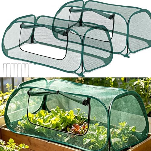 QwayHome 2Pack Garden Covers for Raised Beds, Pop Up Mesh Plant Protect Covers, Green 35% Sunblock Plant Shade Tent, Vegetable Seedling Crop Cage for Against Animals, With 8 Stakes L*W*H - 45*22*16in by QwayHome