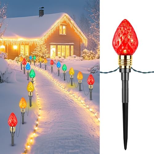 Brightown 4 Pack Strawberry C9 Christmas Pathway Lights Outdoor - Total 69.6 Feet 40 LED Christma Walkway Lights,Colored Bulb Christmas Light Outdoor Decorations for Lawn Holiday Outside, Multicolor by Brightown