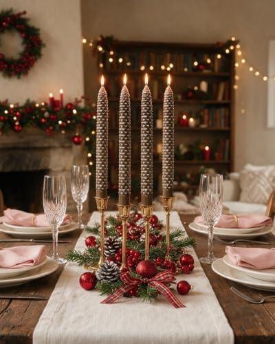 10 Inch Fall Brown Taper Candles Christmas Pinecone Candles Smokeless Unscented Candlestick for Thanksgiving Christmas Winter Holiday Decoration-4Pack,White Trim - Image 5