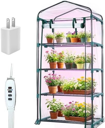 Mini Green House with Grow Light, 4-Tier Shelf, Portable Plastic Greenhouses with Heavy Duty Transparent PVC with Plant Growing Lights by ArtBeek