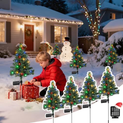 Christmas Tree Solar Lights Decoration Gifts Outdoor Waterproof, Decorative Navidad Solar Tree Lights with Multiple Modes,Xmas Decorations for Outside, Garden Yard Patio Decor 4 Pack by Tisejoy