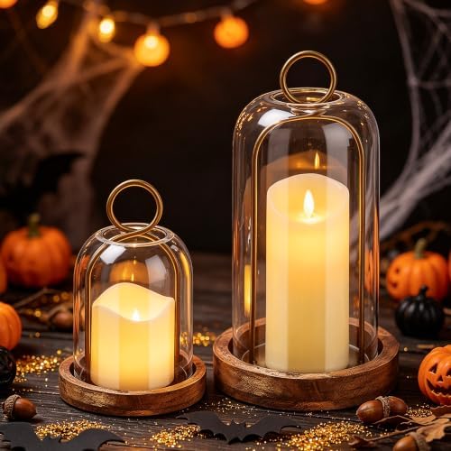 Set of 2 Versatile Vintage Brass Metal Candle Holder with Handmade Sturdy Glass Dome and Natural Wooden Base for Pillar Candle & Plants, Industrial, Farmhouse, Shabby Chic, Display Cloche Bell Jars - Image 3