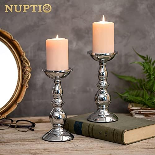 Nuptio Silver Pillar Candle Holders, Wedding Centerpieces Metal Candle Holder for 3 inches Candles Stand Decoration Ideal for Weddings Special Events Parties Living Room, 2 Pcs - Image 2