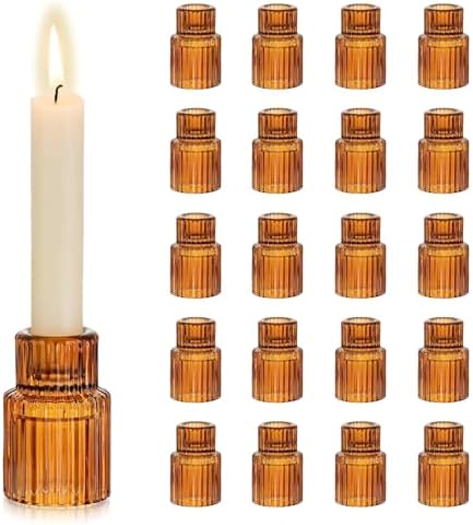 Hewory Glass Candlestick Holders Bulk, 20PCS Amber Taper Candle Holders by Hewory