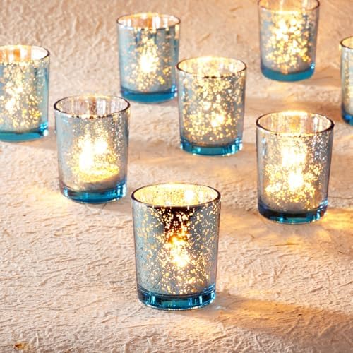 Homemory 12 Pcs Blue Votive Candle Holders, Mercury Glass Candle Holder, Tealight Candle Holders for Table Centerpieces, Baby Shower, Party, Anniversary, Wedding, Home Decor, Halloween, Christmas by Homemory