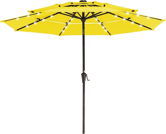 JEAREY 3 Tiers Patio Umbrella with Solar Lights 9ft Outdoor Market Table Umbrellas with Push Button Tilt for Outside Pool Garden, Yellow