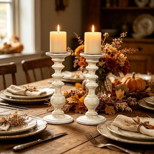Hosley Set of 2 White Wooden Pillar Candle Holder 11 Inch High Country Style Ideal for Weddings or Parties as Well as Home Decor - Image 4