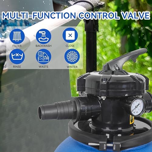 16in Sand Filter Pump for Above Ground Pool, 550W Sand Pump | Sand Pump with 6-Way Multi-Port Valve,Pressure Gauge and Strainer Basket,3/4HP, Max 3169GPH for Pools Up to 20000GAL