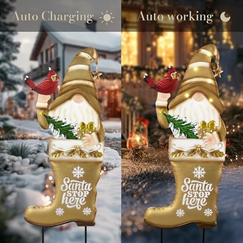 TERESA'S COLLECTIONS Christmas Gnome Garden Stake, Metal Outdoor Christmas Decorations with Solar Light, Christmas Yard Stakes Welcome Signs for Home, Patio Lawn Porch Holiday Party Gifts, 36" - Image 5